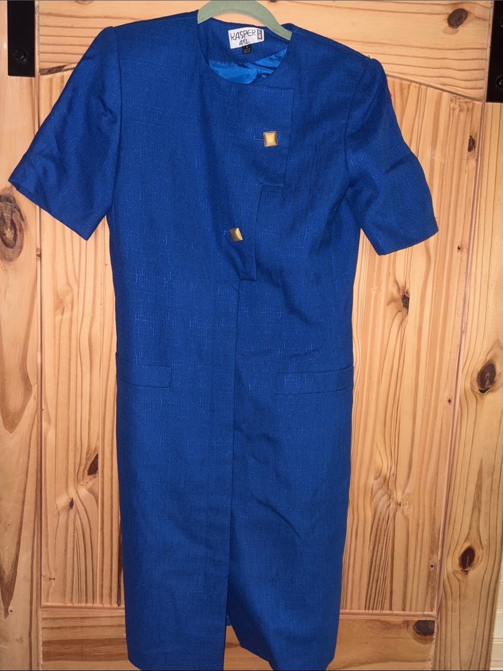 Older Kasper Cobalt Blue Short-Sleeve Sheath Dress with Gold Buttons